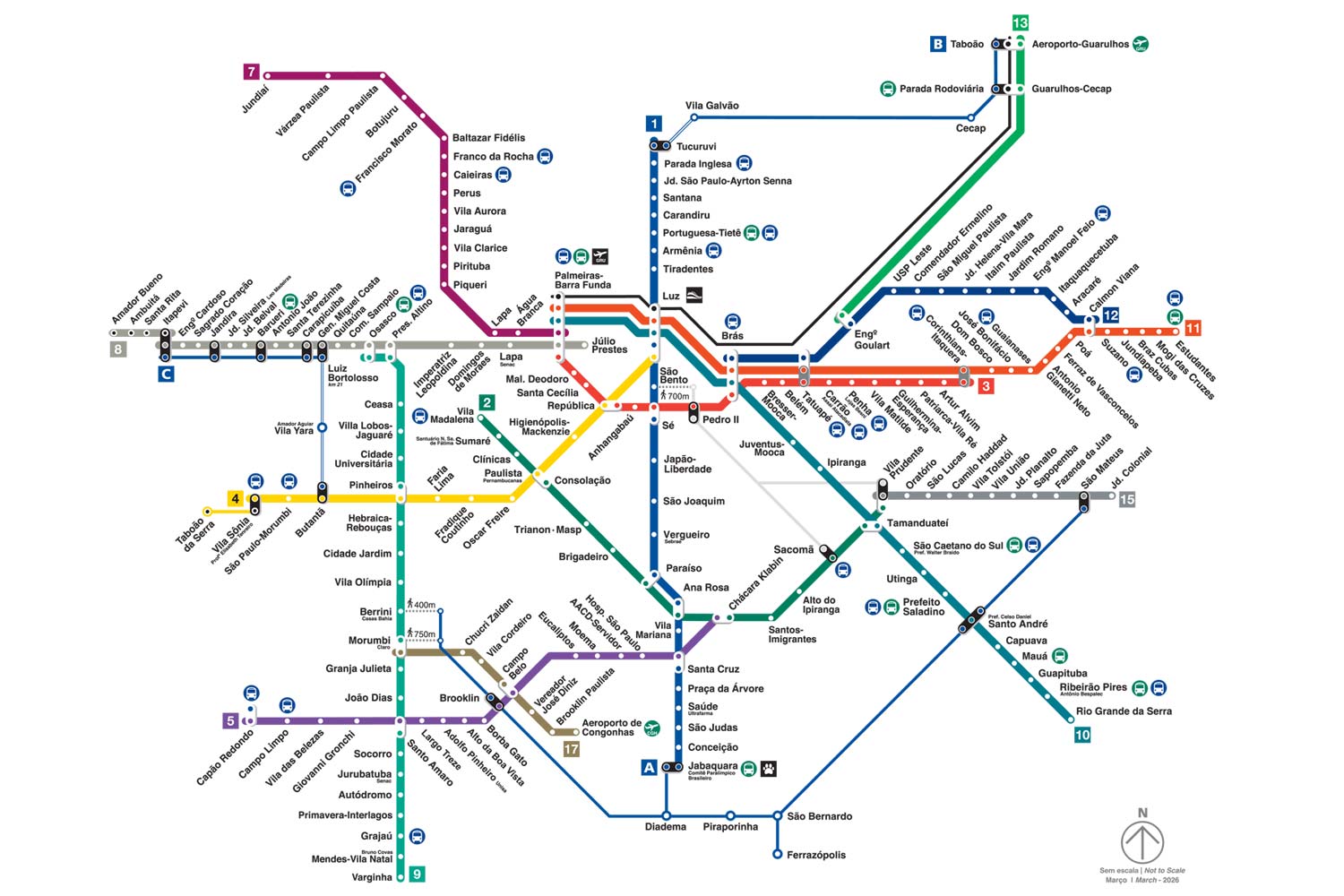 Mapa oficial da rede Metrô/CPTM de São Paulo